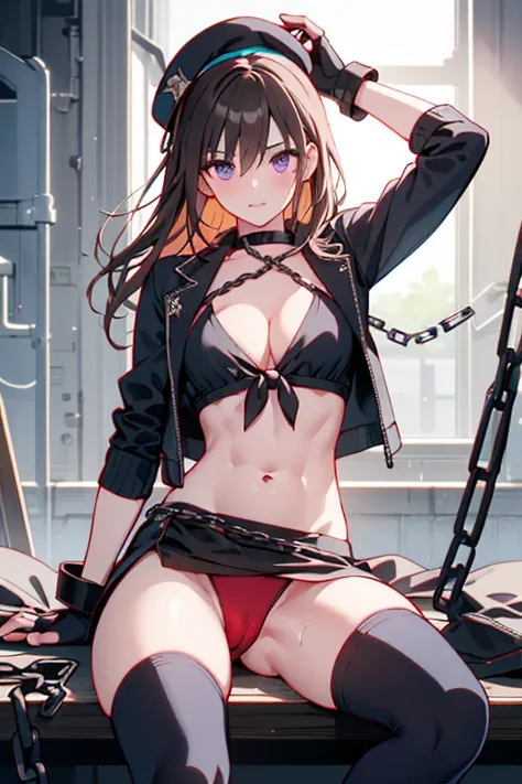 (Thynasha:1.2),dark blue hair,very long hair, purple eyes,(beautiful detailed eyes:1.0), extremely detailed face, perfect lighting, hair between eyes,bangs, (black beret, black jacket, open clothes, cleavage, midriff, black medium skirts,  black thighhighs...