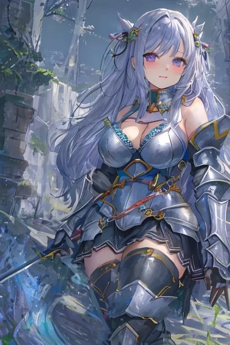 masterpiece, best quality, 1girl, light purple hair, long hair, twintails, bright purple eyes, cute, (black and silver knight armor, skirt, stockings:1.3), (curvy, slim waist, gigantic breasts, bursting breasts, bottomheavy, gigantic ass, thick thighs, wid...