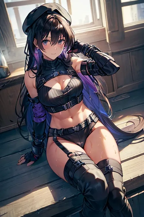 (Thynasha:1.2),dark blue hair,very long hair, purple eyes,(beautiful detailed eyes:1.0), extremely detailed face, perfect lighting, hair between eyes,bangs, (black beret, black jacket, open clothes, cleavage, midriff, black medium skirts,  black thighhighs...