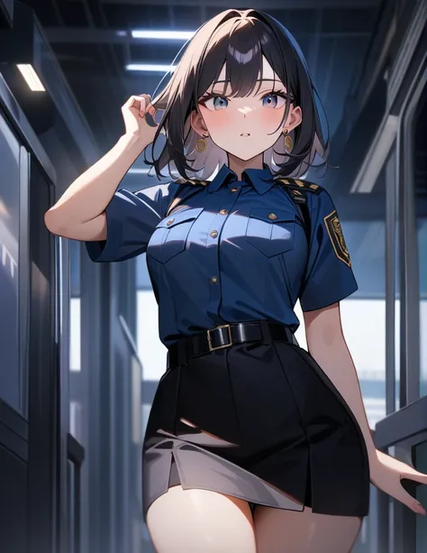 (high quality, 8K, 4k, masterpiece:1.2, high quality, best aesthetics), 1girl with police clothes,earings,medium breast