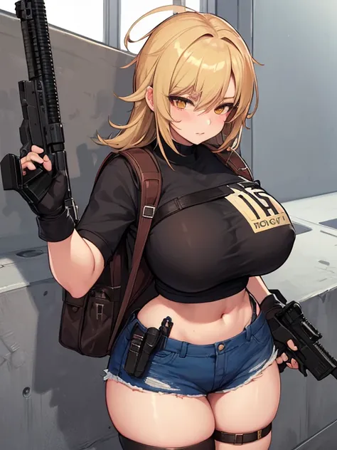 solo 1girls thick figure thick thighs size huge breast hard nipple size fat ass yellow eyes tan skin short blonde messy hair wear fingerless gloves wear short crop top hoodie wear short crop jean ripped wear holster wear black stocking tight outfit holding...