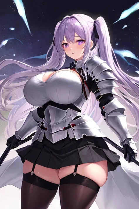 masterpiece, best quality, 1girl, light purple hair, long hair, twintails, bright purple eyes, cute, (black and silver knight armor, skirt, stockings:1.3), (curvy, slim waist, big breasts, bursting breasts, bottomheavy, thick thighs, wide hips:1.1)