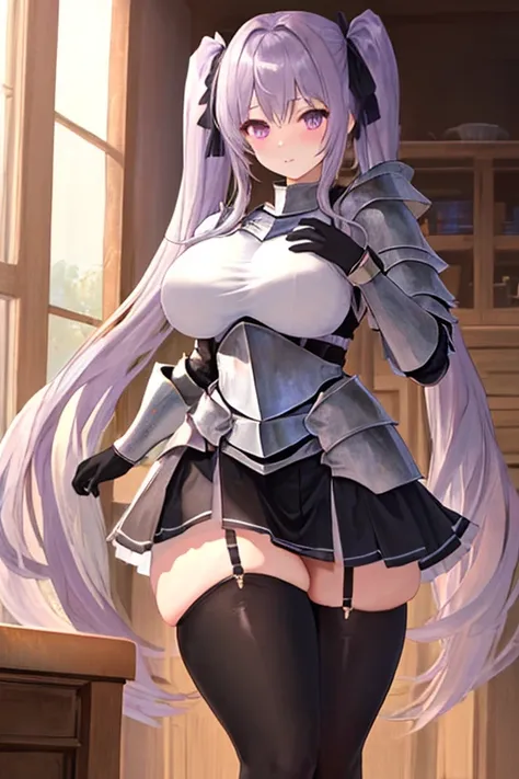 masterpiece, best quality, 1girl, light purple hair, long hair, twintails, bright purple eyes, cute, (black and silver knight armor, skirt, stockings:1.3), (curvy, slim waist, big breasts, bursting breasts, bottomheavy, thick thighs, wide hips:1.1)