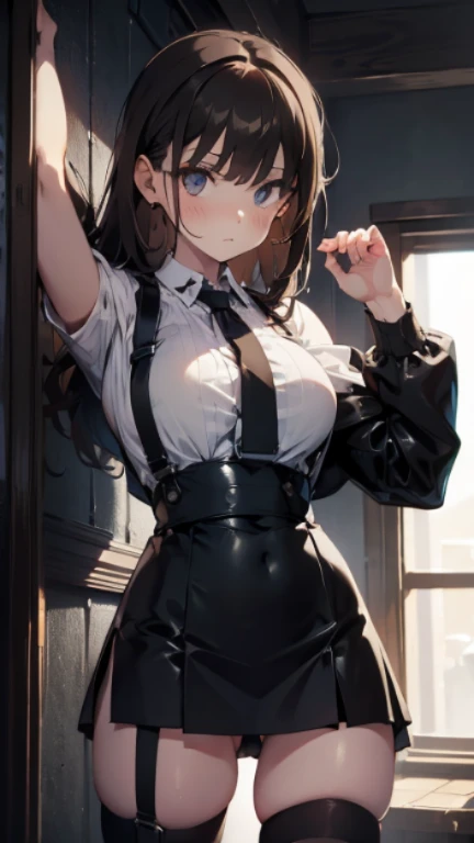 Brown hair,watching at viewers,black suspenders,Bulging big,breasts,walls: Black miniskirt,garters,Gaze,Small face,bangss,holster,Beautuful Women,hands up,leg holster,Gaze,black boots panty shot, provocation,flank,flank sweat soio,arm, pose muy sexy,
