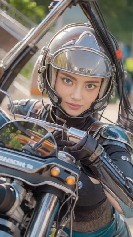 (best quality,masterpiece:1.2),detailed,perfect face, motor_vehicle,motorcycle,ground_vehicle,antennae,1girl,female_focus,solo,helmet,armor,photo_background,riding,portrait,classical style,sunset lighting,vibrant colors