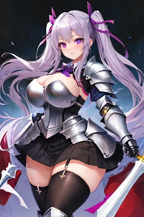 masterpiece, best quality, 1girl, light purple hair, long hair, twintails, bright purple eyes, cute, (black and silver knight armor, skirt, stockings:1.3), (curvy, slim waist, big breasts, bursting breasts, bottomheavy, thick thighs, wide hips:1.1)