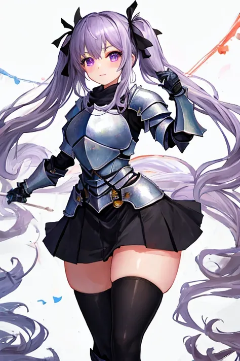 masterpiece, best quality, 1girl, light purple hair, long hair, twintails, bright purple eyes, cute, (black and silver knight armor, skirt, stockings:1.3), (curvy, slim waist, bottomheavy, thick thighs, wide hips:1.1), forest