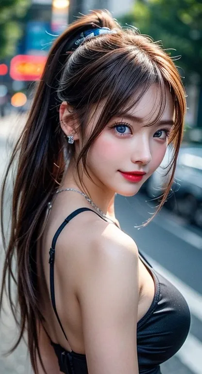 Urban beautiful girl college student, Masterpiece, Light makeup, red lips, silver hair, long messy hair, road background, beautiful, elegant. Very detailed details, Original work, real texture, Realism of cinematic lighting, perfect job, 16k, high resoluti...