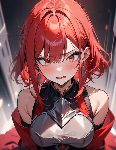 (high quality, 8K, 4k, masterpiece:1.2, high quality, best aesthetics), 1girl with silver chest plate earings,long red hair,terrible expression,medium breast