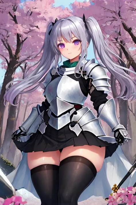 masterpiece, best quality, 1girl, light purple hair, long hair, twintails, bright purple eyes, cute, (black and silver knight armor, skirt, stockings:1.3), (curvy, slim waist, bottomheavy, thick thighs, wide hips:1.1), forest