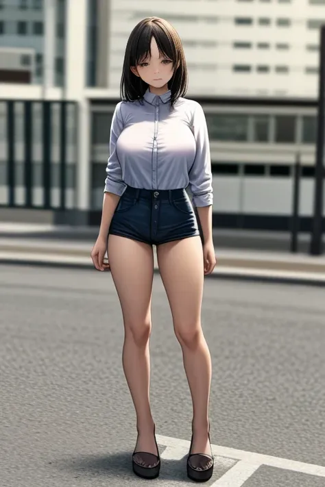 woman in short pants fashion , standing on the rooftop, full body shot