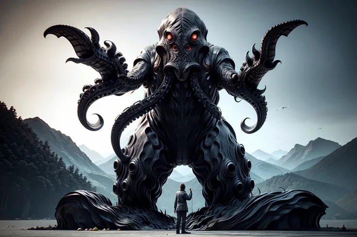 arafed image of a man standing in front of a giant octopus, cthulhu rising from the ocean, gigantic cthulhu, giant cthulhu, photo of cthulhu, cthulhu squid, dan mumford tom bagshaw, dan mumford. octane render, call of cthulhu, dan mumford. concept art, lev...