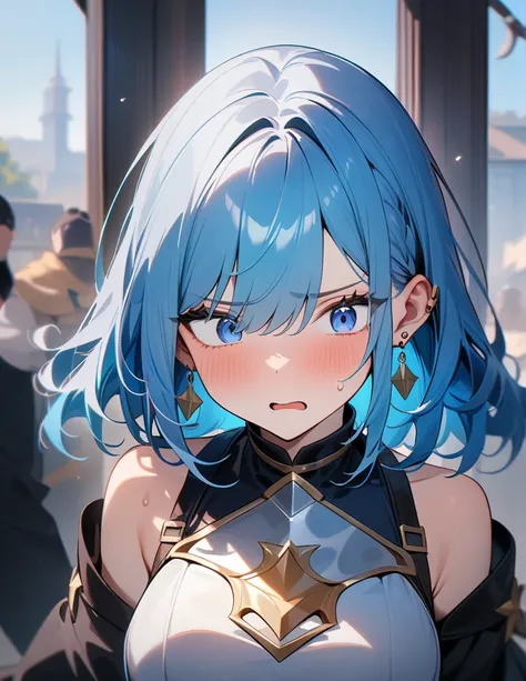 (high quality, 8K, 4k, masterpiece:1.2, high quality, best aesthetics), 1girl with silver chest plate earings,long blue hair,terrible expression,medium breast