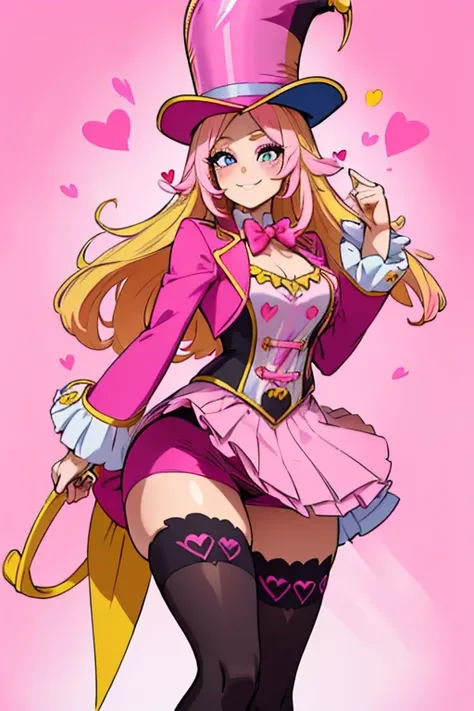 female, sunset pink long hair with yellow highlights, blue eyes, (((1girl))), (((pink ringmaster attire with dark pink hearts))), (yellow ribbon), (pink knee length pencil skirt), (dark pink stockings), (pink heels), (pink top hat with dark pink heart and ...