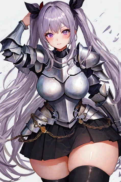 masterpiece, best quality, 1girl, light purple hair, long hair, twintails, bright purple eyes, cute, (black and silver knight armor, skirt, stockings:1.3), (curvy, slim waist, bottomheavy, huge ass, huge thighs, insanely wide hips:1.1), forest