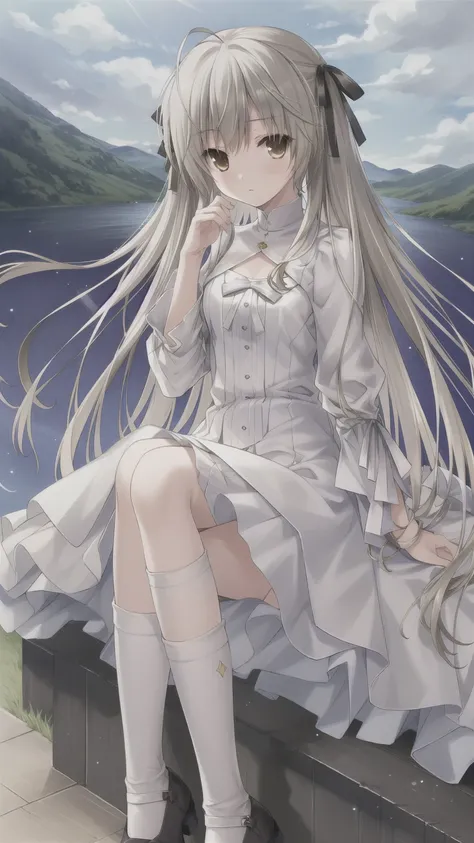 ((masterpiece:1.4, best quality)) ,Kasugano Sora,Naughty and energetic girl,Brown eyes,Happy,Long straight hair，Black knee-high socks Jane Shoes，summer，night，Meteor Showers