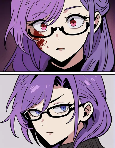 anime girl with purple hair and blood on her face, 1 7 - year - old anime goth girl, gapmoe yandere grimdark, portrait gapmoe yandere grimdark, misato katsuragi, inspired by Yukihiko Yasuda, detailed anime character art, 2 d anime style, horror manga, anim...