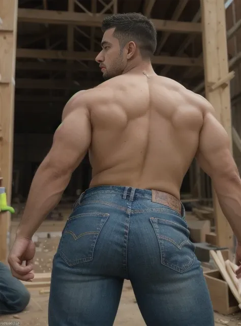 Thiago, constructor, working at a construction site, cuerpo musculoso, detallado, detallado body, Big muscular body, Big butt, jeans backside 