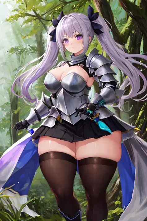 masterpiece, best quality, 1girl, light purple hair, long hair, twintails, bright purple eyes, cute, (black and silver knight armor, skirt, stockings:1.3), (curvy, slim waist, bottomheavy, gigantic thighs, insanely wide hips:1.1), forest