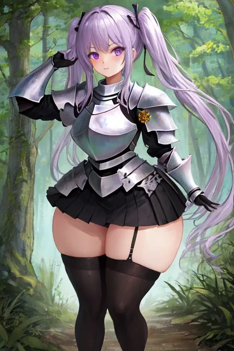 masterpiece, best quality, 1girl, light purple hair, long hair, twintails, bright purple eyes, cute, (black and silver knight armor, skirt, stockings:1.3), (curvy, slim waist, bottomheavy, gigantic thighs, insanely wide hips:1.1), forest