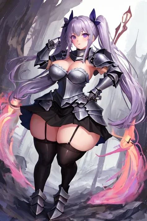 masterpiece, best quality, 1girl, light purple hair, long hair, twintails, bright purple eyes, cute, (black and silver knight armor, skirt, stockings:1.3), (curvy, slim waist, big breasts, bottomheavy, gigantic thighs, insanely wide hips:1.1), forest