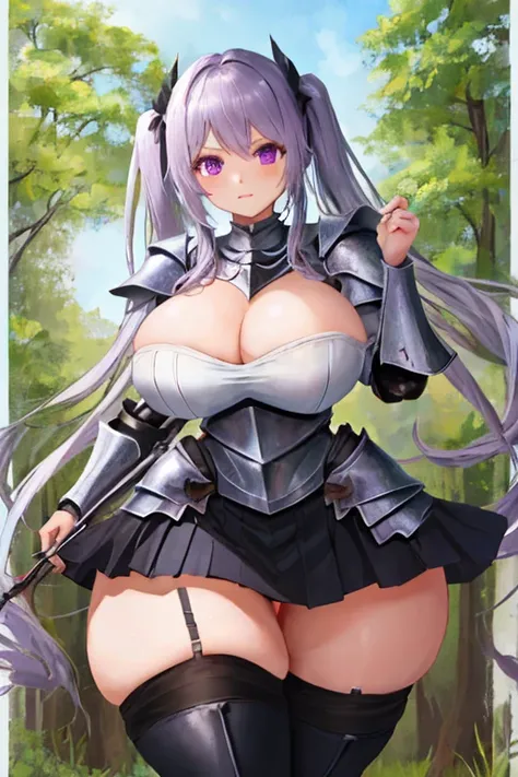 masterpiece, best quality, 1girl, light purple hair, long hair, twintails, bright purple eyes, cute, (black and silver knight armor, skirt, stockings:1.3), (curvy, slim waist, big breasts, bursting breasts, bottomheavy, gigantic thighs, insanely wide hips:...