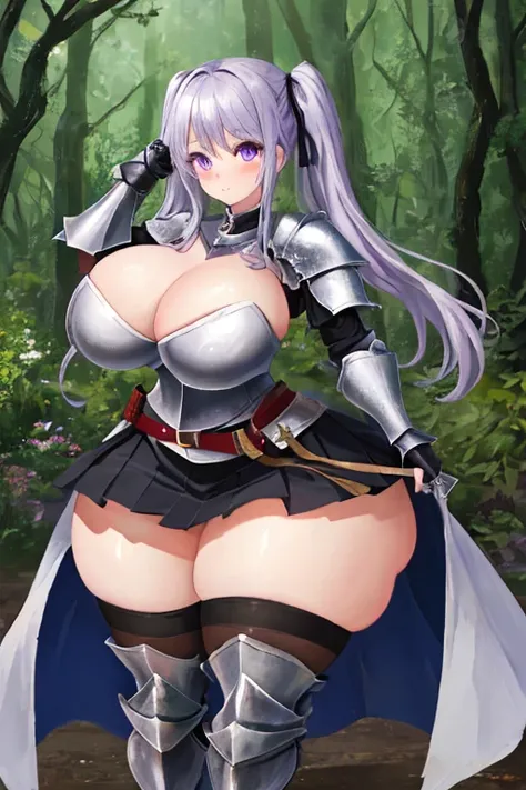 masterpiece, best quality, 1girl, light purple hair, long hair, twintails, bright purple eyes, cute, (black and silver knight armor, skirt, stockings:1.3), (curvy, slim waist, big breasts, bursting breasts, bottomheavy, gigantic thighs, insanely wide hips:...