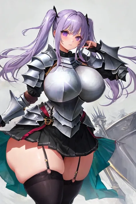 masterpiece, best quality, 1girl, light purple hair, long hair, twintails, bright purple eyes, cute, (black and silver knight armor, skirt, stockings:1.3), (curvy, slim waist, huge breasts, bursting breasts, bottomheavy, gigantic thighs, insanely wide hips...