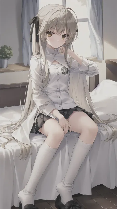 ((masterpiece:1.4, best quality)) ,Kasugano Sora,Naughty and energetic girl,Brown eyes,Happy,Long straight hair，Black knee-high socks sneakers，summer，night，Lying in bed，Black coat with white T-shirt