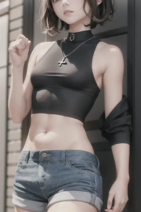 ((medium breast, tomboy girls, small head)), daylight, sunlight, (chiseled abs : 1.1), (perfect body : 1.1), (short wavy hair : 1.2) , auburn hair, collar, chain, full body shot, crowded street, wearing black tanktop, jeans jacket, ((shorts)), (extremely d...