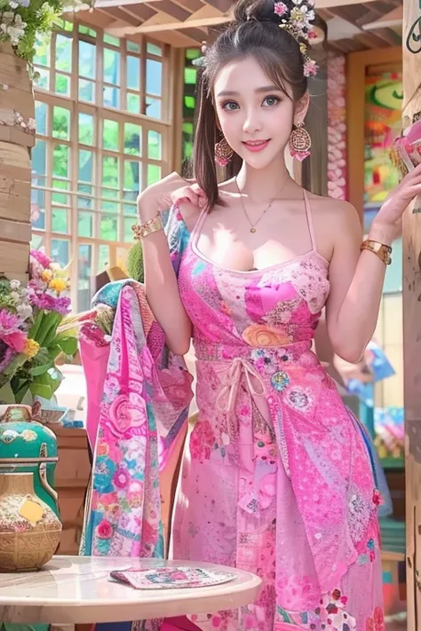 1girl, solo, breasts, brown_hair, realistic, pink_dress, no_panties, dress, hair_ornament, chinese_clothes, cleavage, looking_at_viewer, parted_lips, indoors, jewelry, earrings, standing, table, medium_breasts, thighs, collarbone, hair_bun