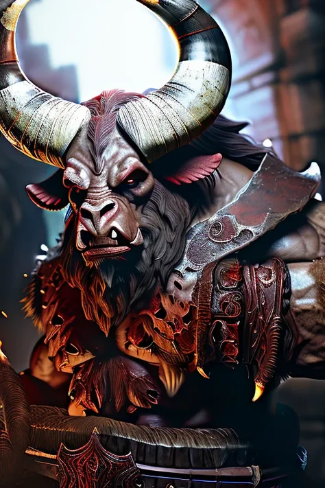 red fured minotaur, thick fur, taurus model, long horn, gigantic horn, perfect horn, gigantic body ratio, full of rage, angry mi...