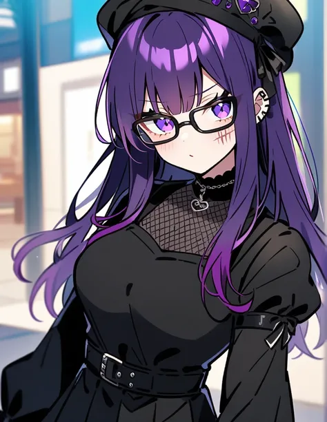 anime girl with purple hair and scars on her face, 30- year - old anime goth girl, wearing glasses，purple hair,big chest