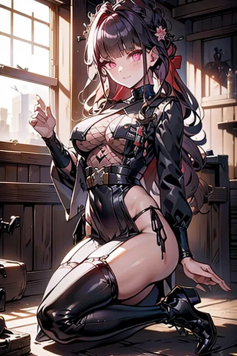 1 girl, small nose,black suspenders,Bulging,walls: Black miniskirt,garters,Gaze,Small face,bangss,holster,Beautuful Women,hands up,leg holster,Gaze,black boots panty shot, provocation,flank,flank sweat soio,arm, pose muy sexy,(with sparkling eyes and a con...