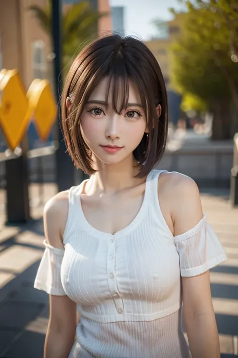 (8k、Photorealistic、Raw photo、highest quality: 1.3)、(One Girl)、Super Beauty、(True Face)、(boyish、Natural color very short hair)、Rough chest T-shirt、Captivate your audience、Beautiful expression、Beautiful breasts、Lover&#39;s point of view、（real skin）、Beautiful...