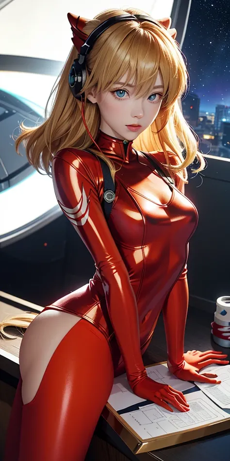 (top view),dynamic angle,Super detailed, illustration, close up, direct, 1 girl, 
 ((Soryu Asuka Langley, Interface headset, Red tights:1.4, blonde)),Her eyes shone like fantastic stars,(glowing eyes:1.233),(Beautiful and delicate eyes:1.1),(Poker face,Kee...