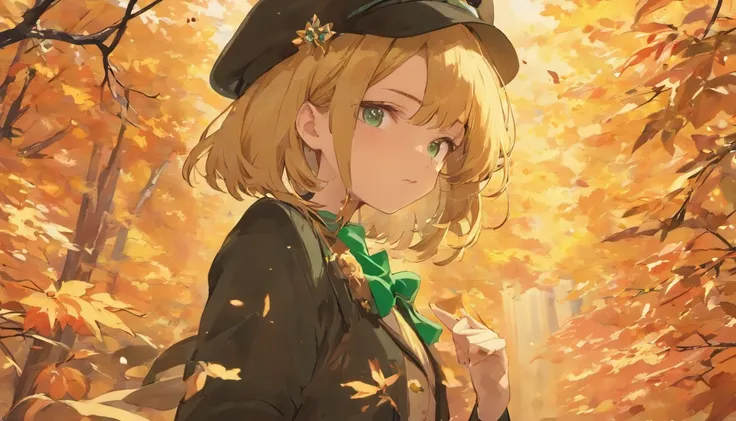 A beautiful composition of a pretty girl wearing a black newsboy cap and an emerald green brooch, Autumn leaves are falling gently around, Create visually warm and inviting scenes.