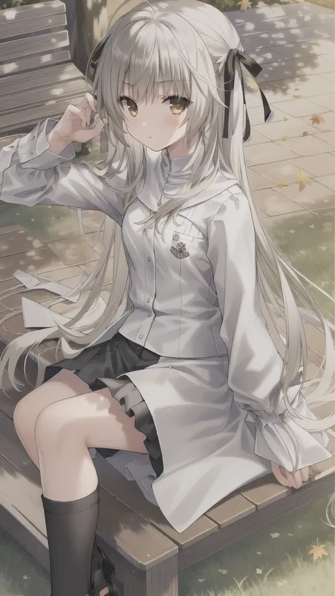 ((masterpiece:1.4, best quality)) ,Kasugano Sora,Naughty and energetic girl,Brown eyes,Long straight hair，Jacket with white T-shirt，Black check scarf，shorts，Black knee socks，sports shoes，autumn，Sit on a park bench，Maple leaves falling，Drinking milk tea