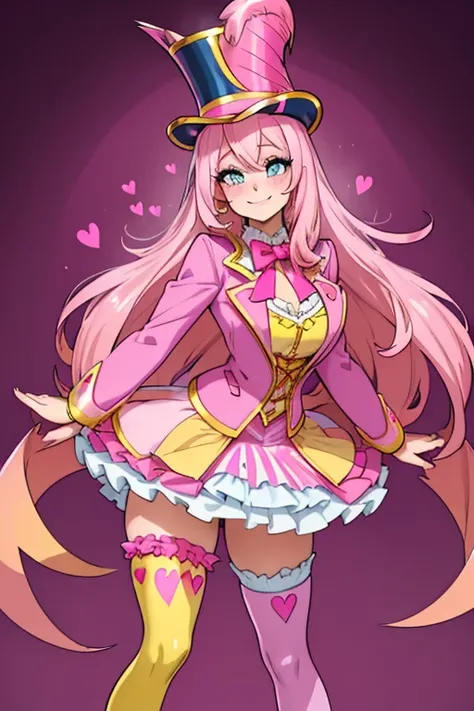 female, sunset pink long hair with yellow highlights, blue eyes, (((1girl))), (((pink ringmaster attire with dark pink hearts))), (yellow ribbon), (pink knee length pencil skirt), (dark pink stockings), (pink heels), (pink top hat with dark pink heart and ...