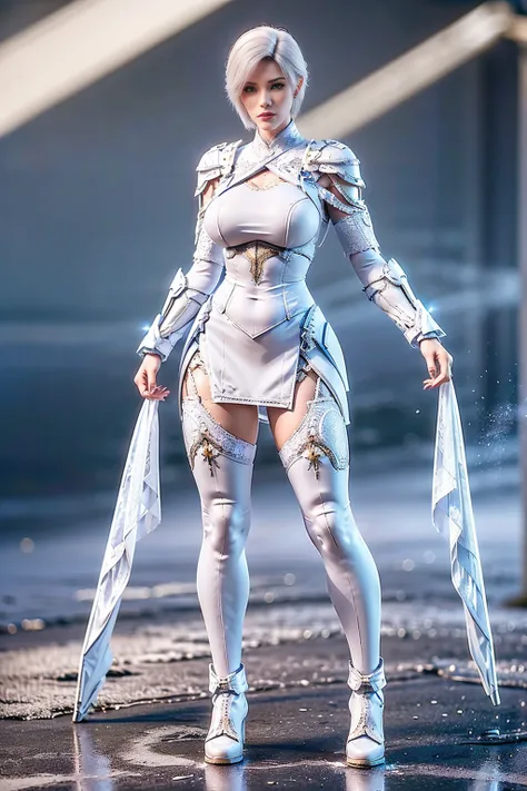 8k, HDR, ultimate-realistic texture, sharp texture, highres, best quality. Futuristic character, Full body, (slim body), tall and fit body, short hair, white hair, wearing full coverage white lace uniform, wearing white lace stockings, wearing high heels, ...