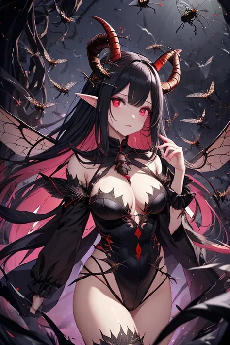 1 Female、Baalzebub&#39;s female reincarnation、Queen of the Flies、A woman in a devilish costume with countless flies under her control、Bat Wings、Goat horns、Detailed beautiful face、Shining red-black eyes、Thin eyebrows、flashy makeup, A scary background、(A swa...