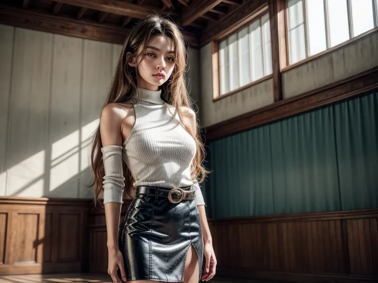 long hair,front hair,hair between eyes,brown eyes, long hair, skirt, shirt, bare shoulders, , white shirt, No sleeve, shiny, belt, miniskirt, blue skirt, No sleeve shirt, turtleneck, ,indoor hall,shiny,hair,((alone)),((masterpiece)),((highest quality)),per...