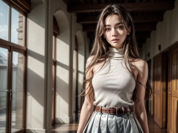 long hair,front hair,hair between eyes,brown eyes, long hair, skirt, shirt, bare shoulders, , white shirt, No sleeve, shiny, belt, miniskirt, blue skirt, No sleeve shirt, turtleneck, ,indoor hall,shiny,hair,((alone)),((masterpiece)),((highest quality)),per...