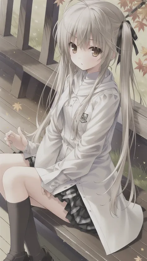 ((masterpiece:1.4, best quality)) ,Kasugano Sora,Naughty and energetic girl,Brown eyes,Long straight hair，Jacket with white T-shirt，Black check scarf，shorts，Black knee socks，sports shoes，autumn，Sit on a park bench，Maple leaves falling，