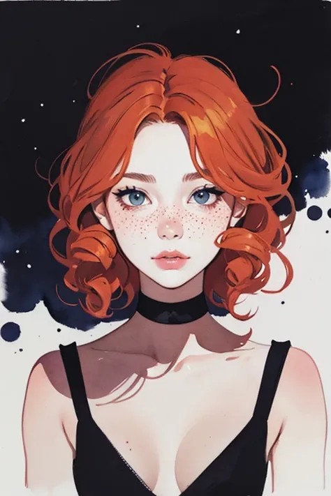 (masterpiece:1.2, best quality), 1girl, 18yo, curly ginger hair, freckles, noir, dark desolate, anime minimalist, watercolor