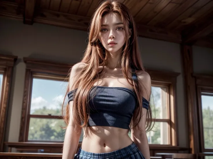 Red long hair,front hair,hair between eyes,brown eyes, long hair, skirt, shirt, bare shoulders, ,  miniskirt, blue skirt,shiny,hair,((alone)),((masterpiece)),((highest quality)),perfect anatomy,slim waist,perfect image,8k UHD,(detailed and beautiful eyes:1...