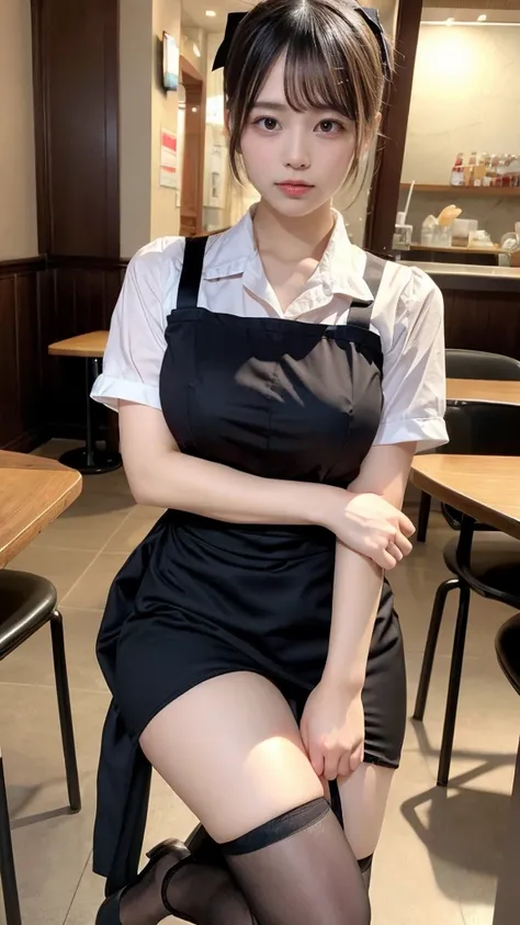 muste piece, best quality, illustration, Super detailed, fine details, High resolution, 8K,wall paper, perfect dynamic composition,(Details High quality, realistic depiction of eyes:1.3), waitress uniform, restaurant, large breasts, short bob hair、black ha...