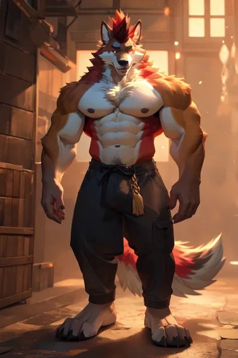 ((best quality)), ((masterpiece)), (detailed), perfect face, Furry, 24 years old, size 12.5 feet, Anthropomorphic wolfdog, 70% Wolf, 25% Tamaskan wolfdog, 5% Dingo, 67 and 233 lbs, 50" Chest, 21" Shoulders, 17" Biceps, 36" Waist, 25" thighs, 17" calves, 20...