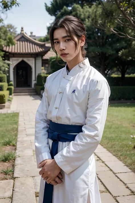  social butterfly first son of the emperor Yeonjun well... he happend to escape his calligraphy teacher and ended up at the palace garden that is. Pretty man. yeonjun from Tomorrow x together. Wearing white and blu hanbok, a little bit feminine. 