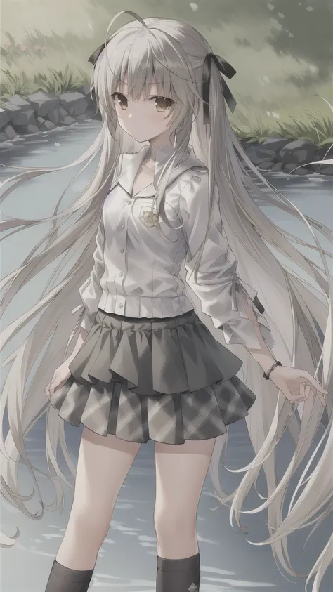 ((masterpiece:1.4, best quality)) ,Kasugano Sora,Naughty and energetic girl,Brown eyes,Long straight hair，Jacket with white T-shirt，Black check scarf，shorts，Black knee socks，sports shoes，summer，Standing by the pond，The lotus blooms，Green casual clothing